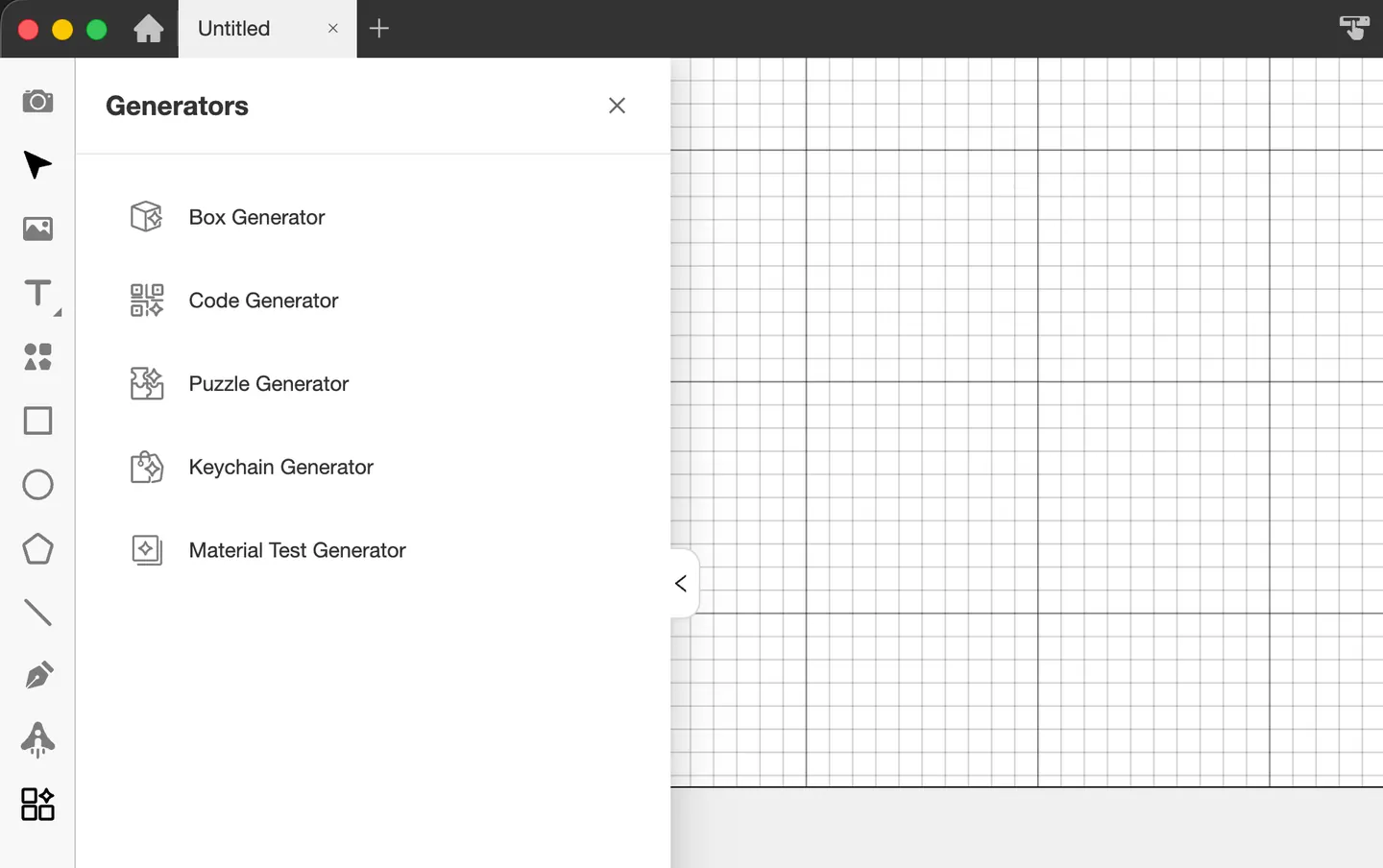 Beam Studio 的產生器選單，列出盒型、QR Code、拼圖、鑰匙圈與材料測試工具