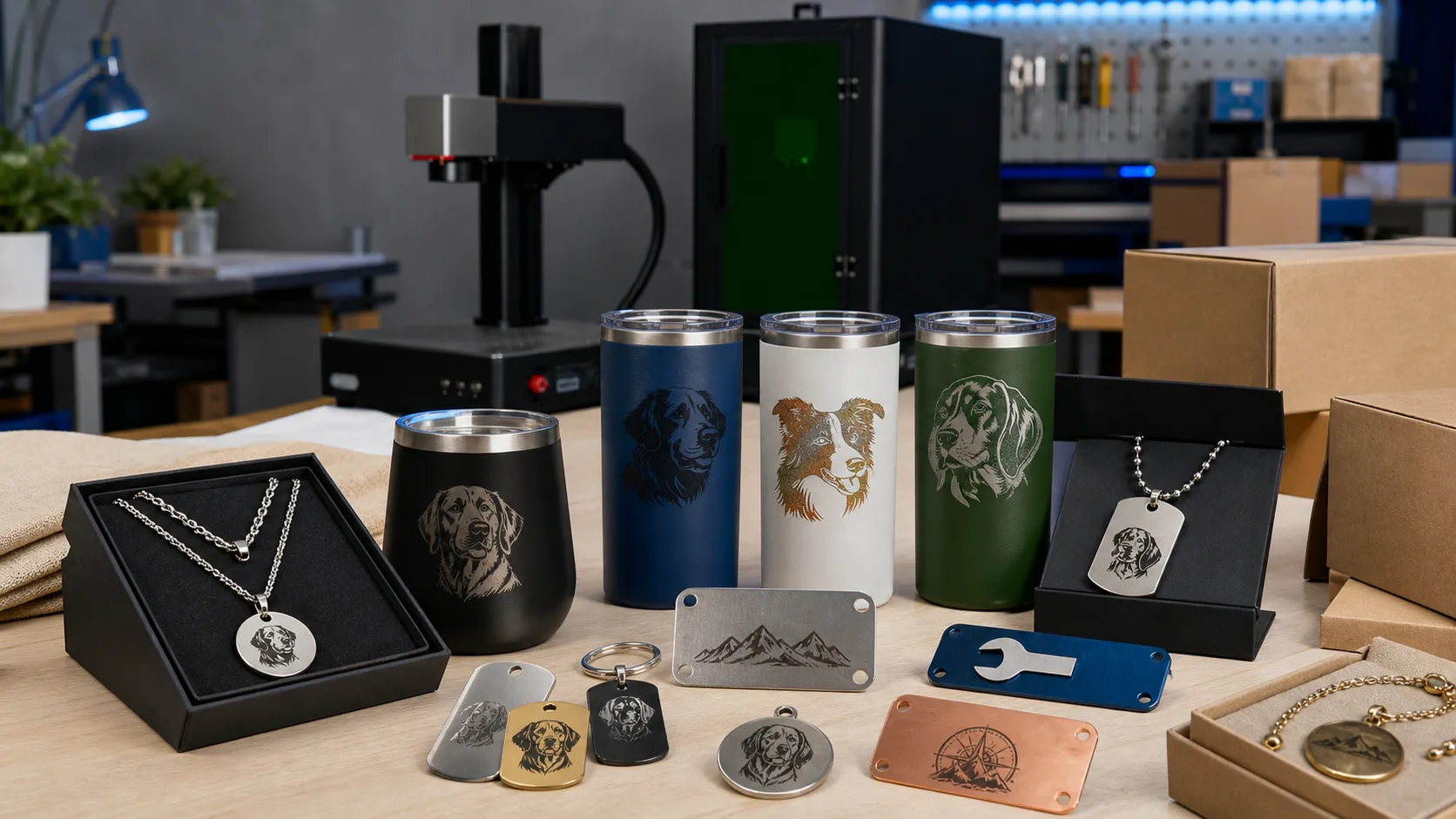 客製化工作室中陳列多款雷射打標的保溫杯、飾品、吊牌與金屬招牌