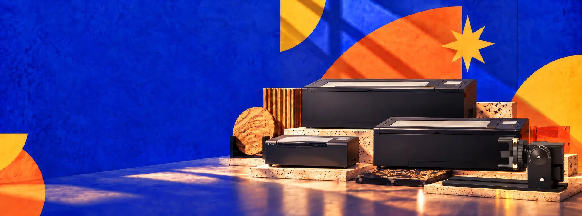 FLUX beamo II, Beambox II and HEXA RF lasers with engraved acrylic, wood and stone projects