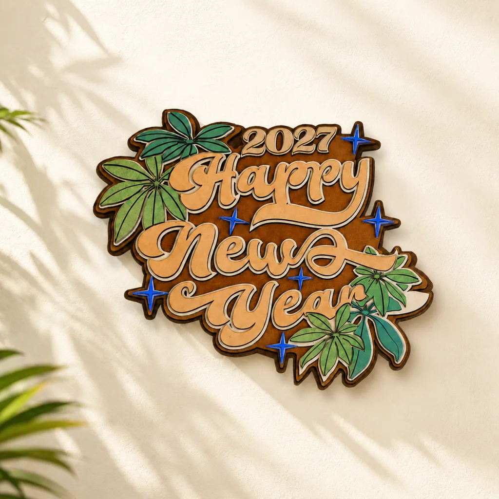 刻有 2027 Happy New Year 的多層木製新年擺飾