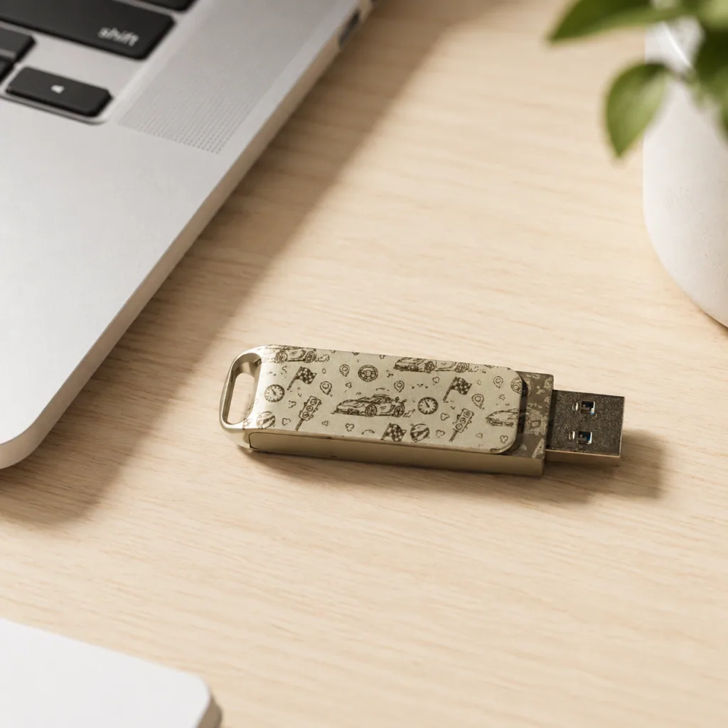 刻有賽車圖案的金屬 USB 隨身碟