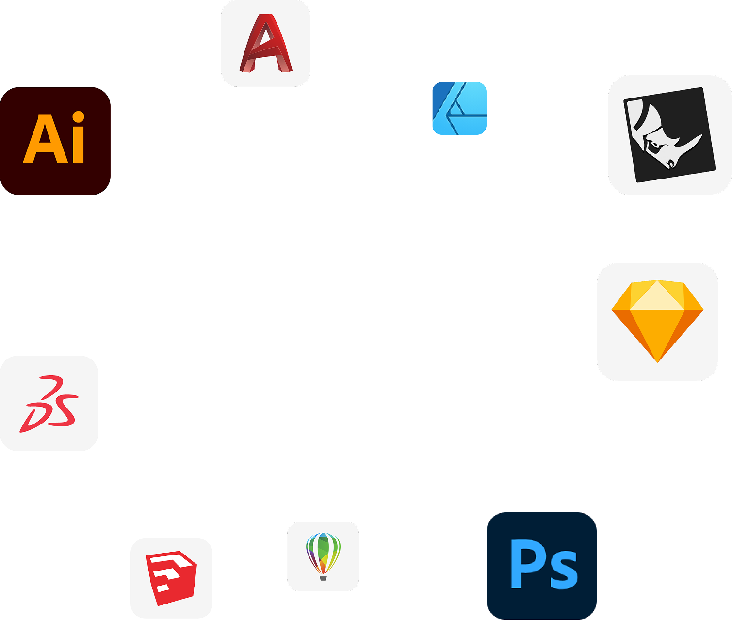 Beam Studio 支援的 Illustrator、Affinity、Rhino、Sketch、Photoshop、CorelDRAW 等設計軟體圖示