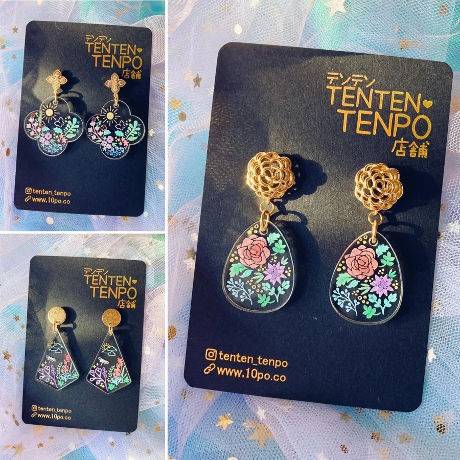 填入粉彩花園插圖的 Tenten Tenpo 壓克力耳環